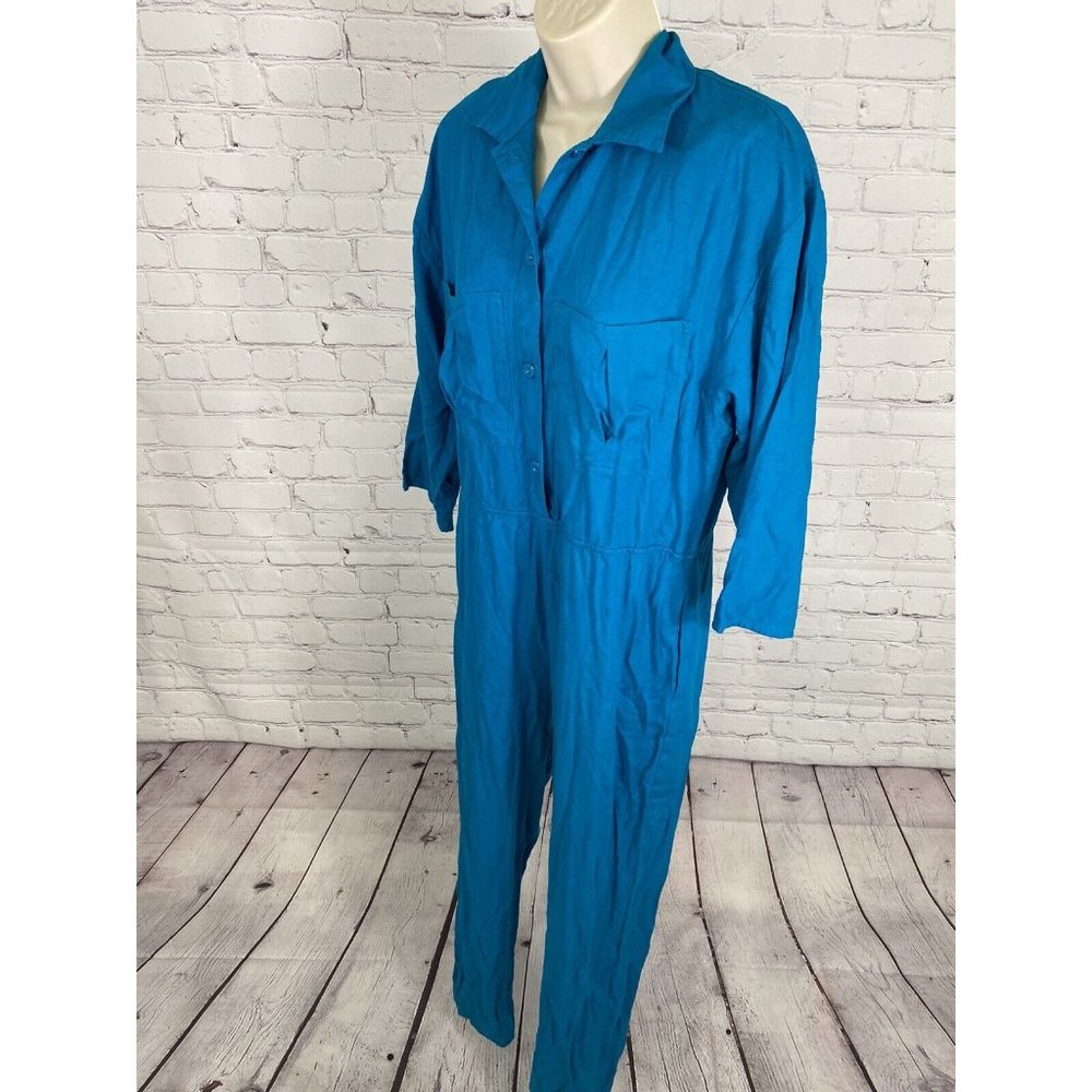 VTG Naturelle George Georgiou Teal Raw Silk Jumpsuit Chest Pockets One Piece S - Picture 7 of 15